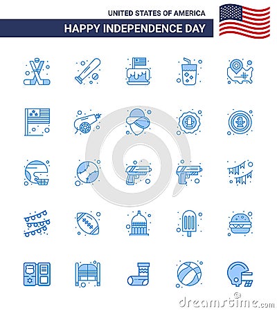 Set of 25 Vector Blues on 4th July USA Independence Day such as juice; alcohol; sports; usa; independence Vector Illustration