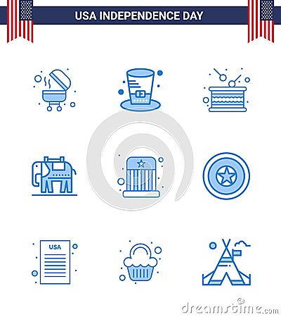 Set of 9 Vector Blues on 4th July USA Independence Day such as kids; circus; drum; usa; elephent Vector Illustration