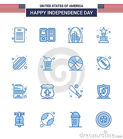 Set of 16 Vector Blues on 4th July USA Independence Day such as states; american; building; trophy; achievement Vector Illustration