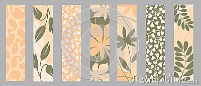 Set of vector bookmarks in vertical format. Abstract leaves, flower, branches and tropical plants Vector Illustration