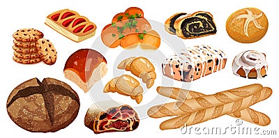 Set vector bread icons. Rye, whole grain and wheat bread, pretzel, muffin, croissant, bagel, french baguette, cherry Vector Illustration