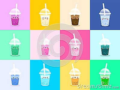 Set Vector Bubble Tea, tapioca milk tea. Pearl milk tea, Bubble Tea is Taiwanese famous and popular drink. Boba and small boba. Ka Vector Illustration