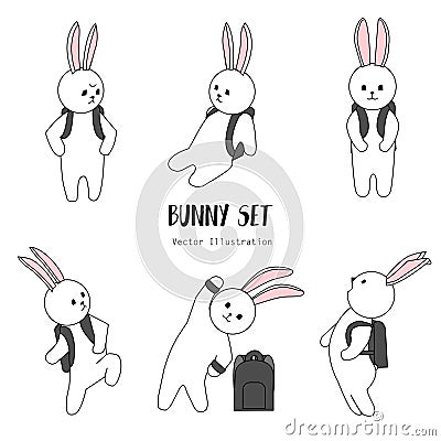 Set of vector bunnies. Hand drawn cartoon bunny with backpack in school. Cute character design. Rabbit schoolboy . Doodle funny ic Vector Illustration