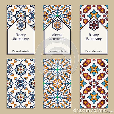 Set of vector business card templates. Portuguese, Moroccan, Azulejo, Arabic, asian ornaments Vector Illustration