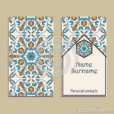 Set of vector business card templates. Portuguese, Moroccan, Azulejo, Arabic, asian ornaments Vector Illustration