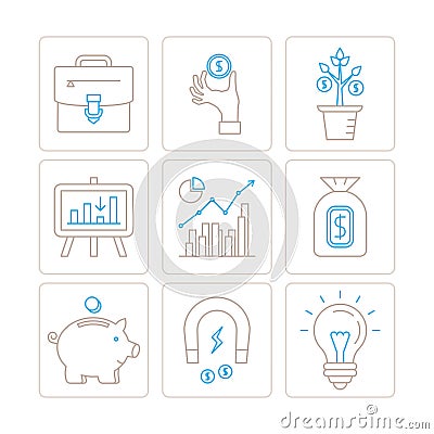 Set of vector business or finance icons and concepts in mono thin line style Vector Illustration