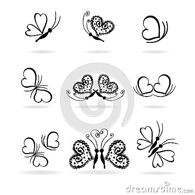 Set of vector butterflies and hearts Vector Illustration