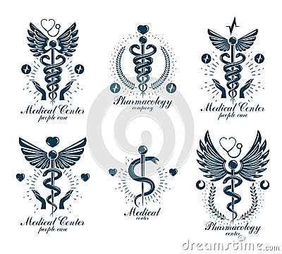 Set of vector Caduceus logotypes can be used in cardiology, rehabilitation and as medical clinic emblems. Vector Illustration