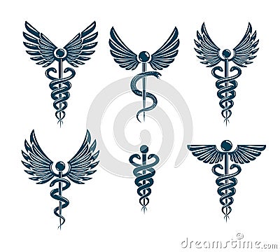 Set of vector Caduceus symbols created using bird wings and snakes. Vector Illustration