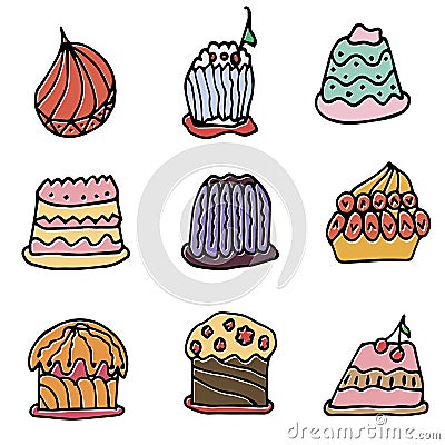 Set of vector cakes with cream or fruits, Illustration on white background in hand drawn doodle style.Great for web page backgrou Vector Illustration