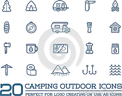 Set of Vector Camping Camp Elements and Outdoor Activity Icons Illustration can be used as Logo Vector Illustration