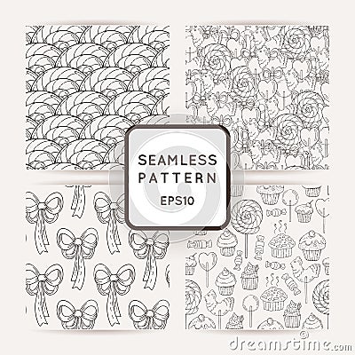 Set of Vector Candy, Bows, Hearts and Muffins Seamless Patterns Vector Illustration