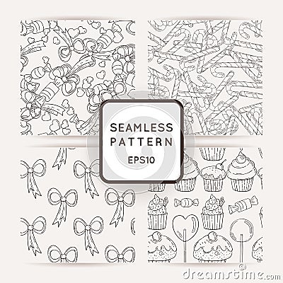 Set of Vector Candy, Bows, Hearts and Muffins Seamless Patterns Vector Illustration