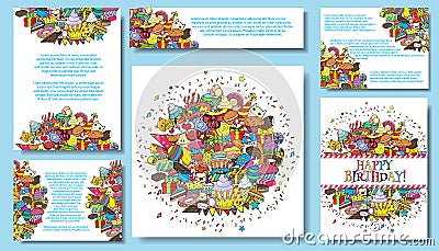 Set vector card templates with birthday party hand draw doodles background Vector Illustration