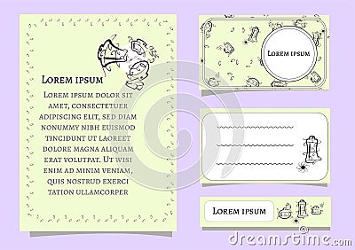 Set vector of card templates with floral elements for business cards, invitations, cards. contour lines flakonchikov for cosmetics Vector Illustration