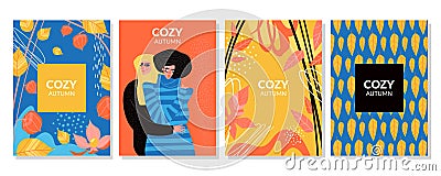 Set of vector cards cozy autumn with yellow and red leaves, physalis and two girls in warm sweaters Vector Illustration