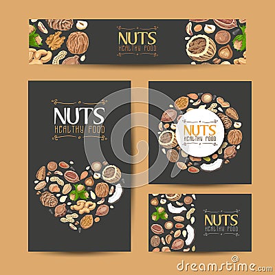 Set of vector cards with nuts and seeds Vector Illustration