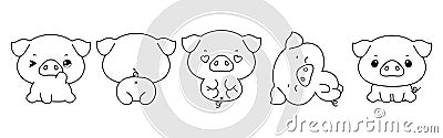 Set of Vector Cartoon Baby Farm Animal Coloring Page. Collection of Kawaii Isolated Piggy Outline for Stickers, Baby Vector Illustration