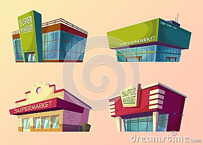 Set of vector cartoon buildings of modern supermarkets and old shops Vector Illustration