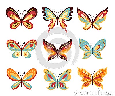 Set of vector cartoon butterflies. Various shapes of wings of butterfly and decoration on them Vector Illustration