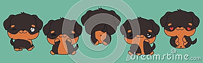 Set of Vector Cartoon Dog Illustrations. Collection of Kawaii Isolated Rottweiler Dog Art for Stickers, Prints for Vector Illustration