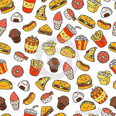 Set of vector cartoon doodle icons junk food. Illustration of comic fast food. Seamless texture, pattern, wallpaper Vector Illustration