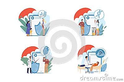 Flat cartoon character doctor at work,medical insuranse set,vector illustration concept Vector Illustration