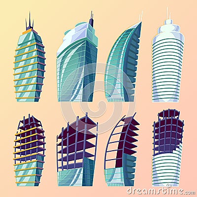 Set vector cartoon illustration of an abstract urban large modern buildings, unfinished buildings. Vector Illustration