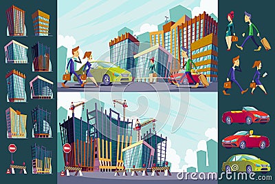 Set vector cartoon illustration of an urban large modern buildings, cars and urban residents. Vector Illustration