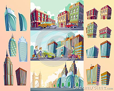 Set vector cartoon illustrations of an old buildings, urban large modern buildings, cars and urban residents. Vector Illustration