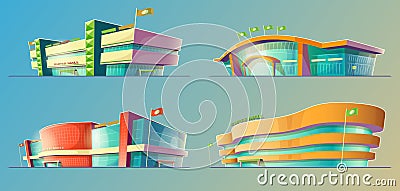 Set of vector cartoon illustrations, various supermarket buildings, shops, large malls, stores Vector Illustration