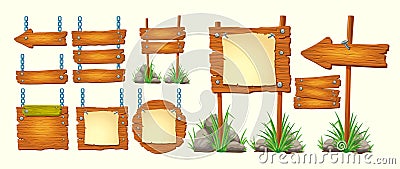 Set of vector cartoon illustrations wooden signs, gui design elements Vector Illustration