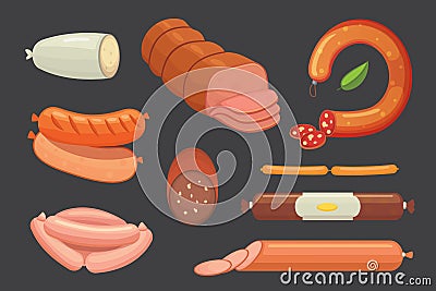 Set of vector cartoon sausage. Bacon, sliced Salami and Smoked Boiled. Isolated fresh Delicatessen icons. Grilled Vector Illustration