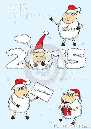 Set of vector cartoon style Christmas Sheep Vector Illustration