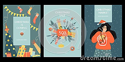 Set of vector christmas cards and christmas bazaar banners with girl drinking mulled wine, gifts and decorations Vector Illustration