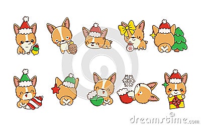 Set of Vector Christmas Corgi Dog . Collection of Kawaii Isolated Christmas Dog Art for Stickers. Vector Illustration