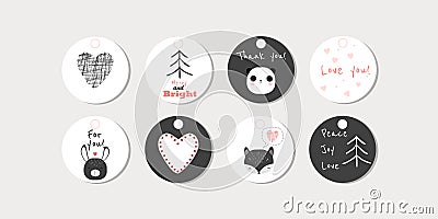 Set of 8 vector circled tags with animals, hearts and words for Stock Photo