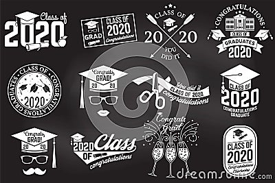 Set of Vector Class of 2020 badges on the chalkboard. Concept for shirt, print, seal, overlay, stamp, greeting Vector Illustration