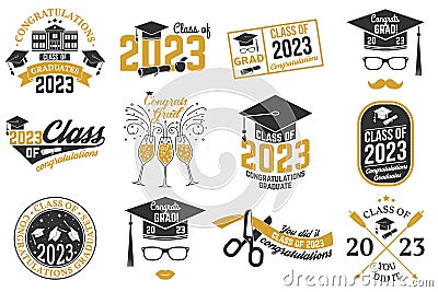 Set of Vector Class of 2023 badges Concept for shirt, print, seal, overlay or stamp, greeting, invitation card Vector Illustration
