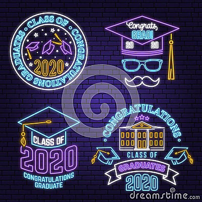 Set of Vector Class of 2020 neon bright signboard, light banner. Vector. Neon typography design with graduation cap Vector Illustration