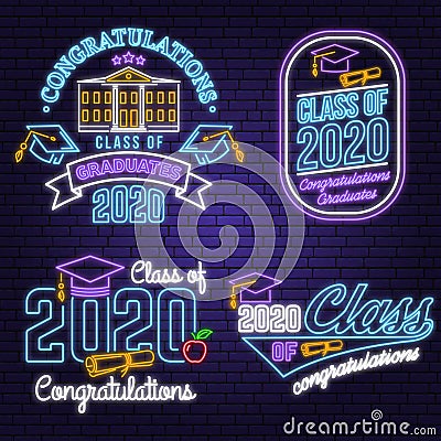 Set of Vector Class of 2020 neon bright signboard, light banner. Vector. Neon typography design with graduation cap Vector Illustration