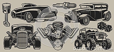 Set of vector classic cars and parts illustrations in vintage style Vector Illustration
