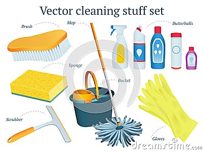 Set of vector cleaning stuff design with mop, bucket, butterball Vector Illustration