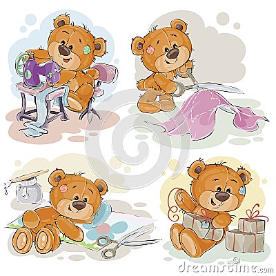 Set of vector clip art illustrations of teddy bears and their hand maid hobby Vector Illustration