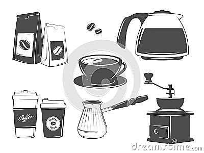 Set of vector coffee packages, turk, coffee grinder, cups, beans and pot. Vector Illustration