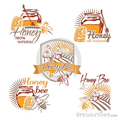 Set of vector colored honey labels, logos, badges and design ele Vector Illustration