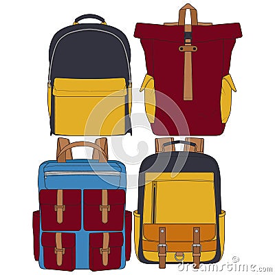 Set Of Vector Colorful Backpacks. Set Of Backpacks for schoolchildren, students, travellers and tourists. Back to School rucksack Vector Illustration