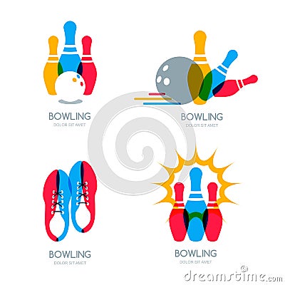 Set of vector colorful bowling logo, icons and symbol. Vector Illustration