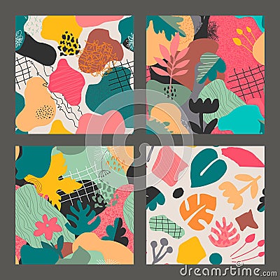 Set of vector colorful collage contemporary natural seamless patterns. Modern abstract shapes, hand drawn textures Vector Illustration
