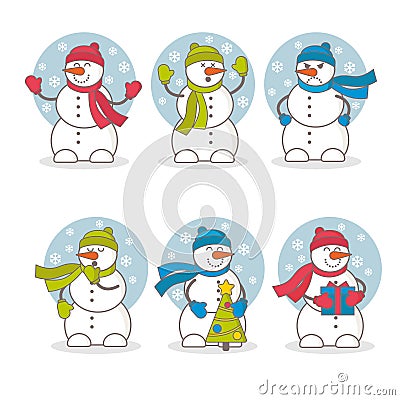 Set of vector colorful cute snowmen Vector Illustration